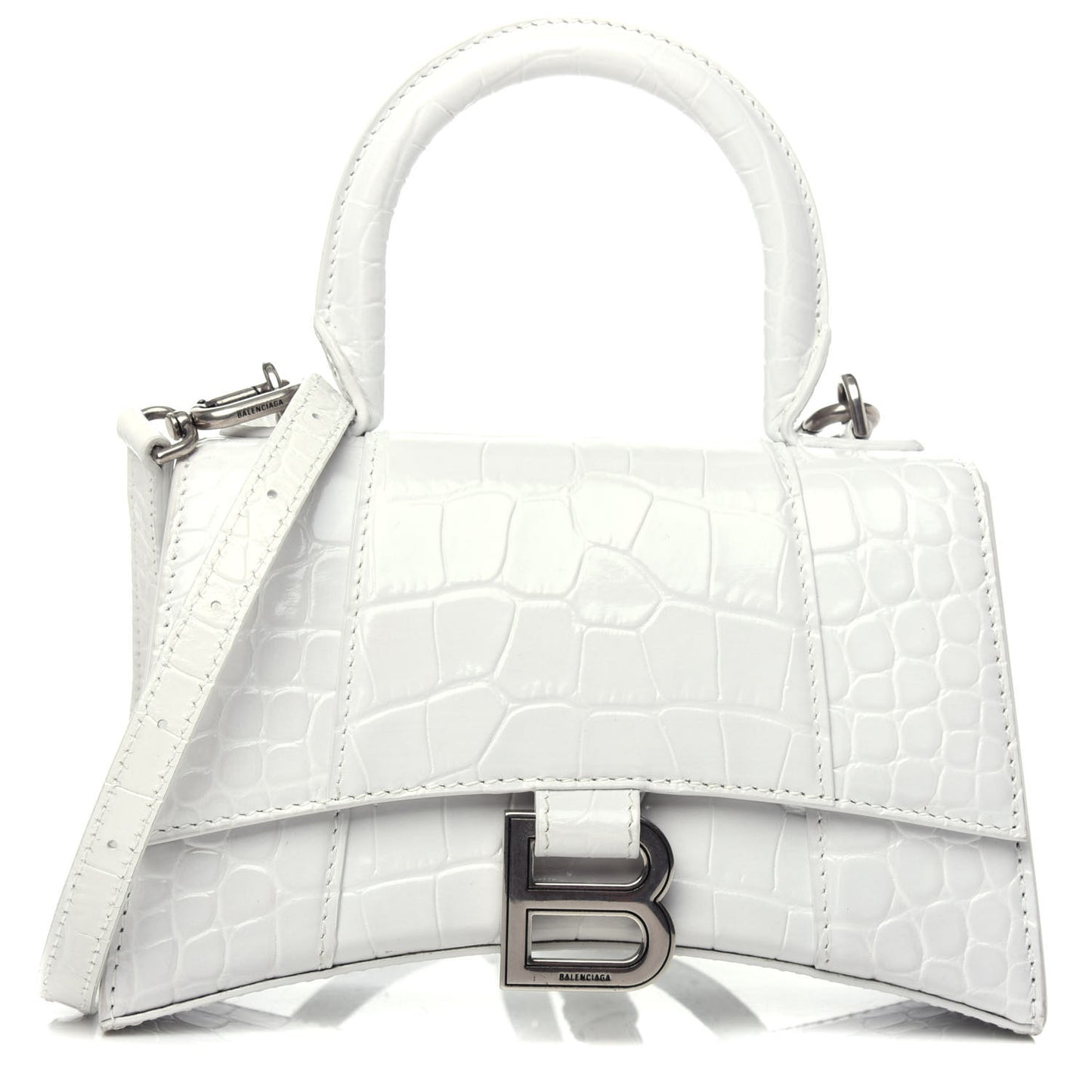 Shiny Calfskin Crocodile Embossed Hourglass Top Handle Bag XS White