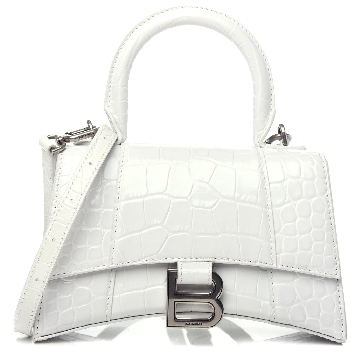Balenciaga Shiny Calfskin Crocodile Embossed Hourglass Top Handle Bag XS White 1 of 9