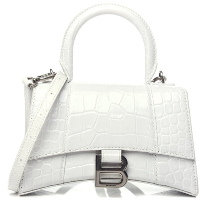 Balenciaga Shiny Calfskin Crocodile Embossed Hourglass Top Handle Bag XS White 1 of 9