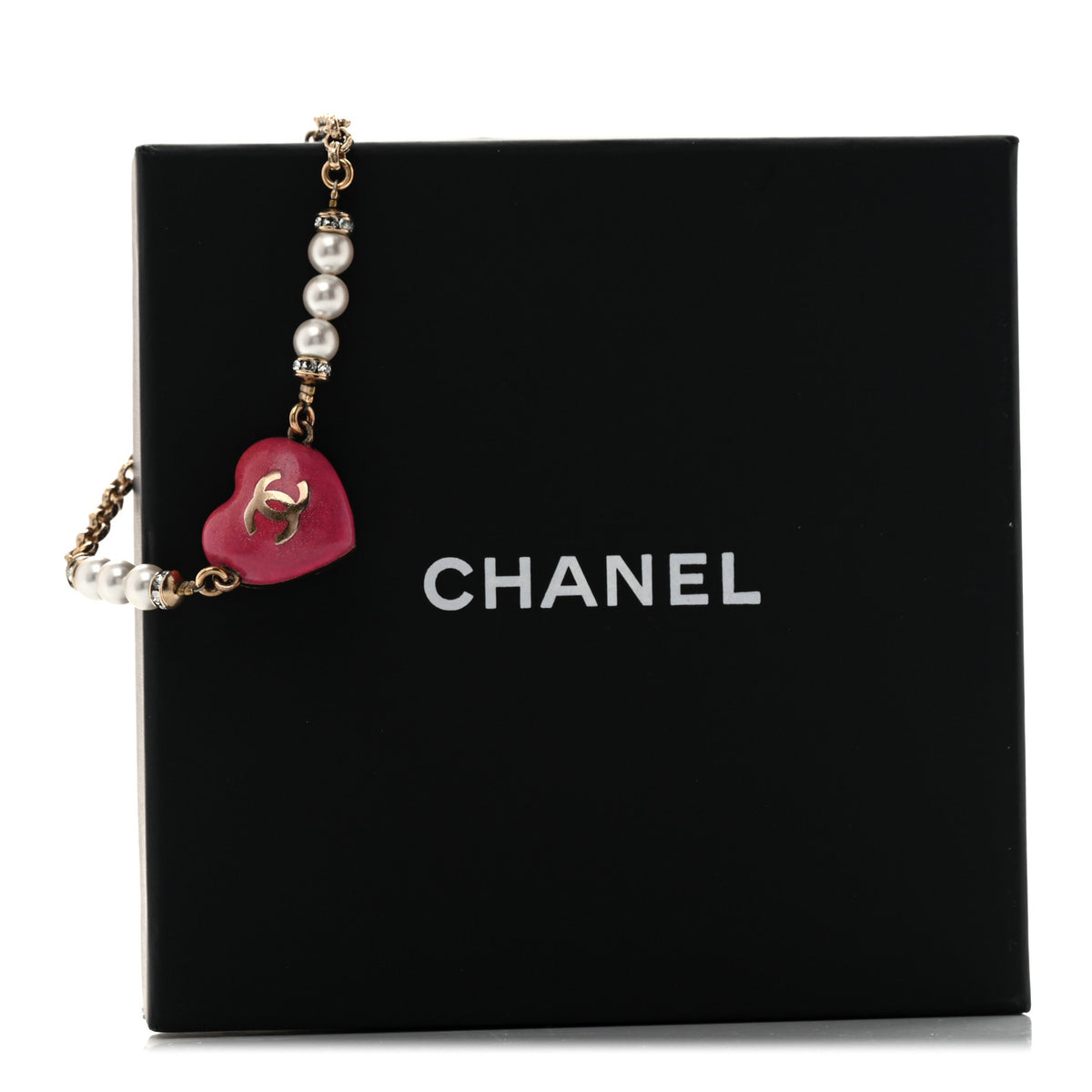 Chanel Resin Crystal Pearl Chain Heart CC Bracelet Pink White Gold 6 of 6