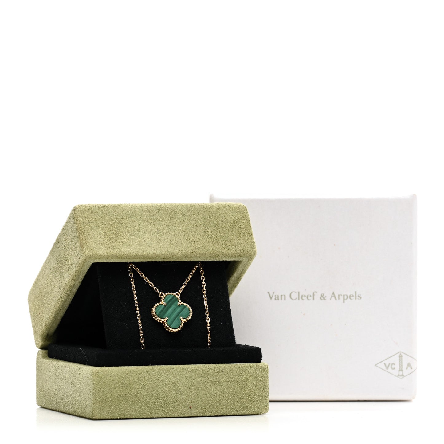 18K Yellow Gold Malachite Vintage Alhambra Pendant Necklace