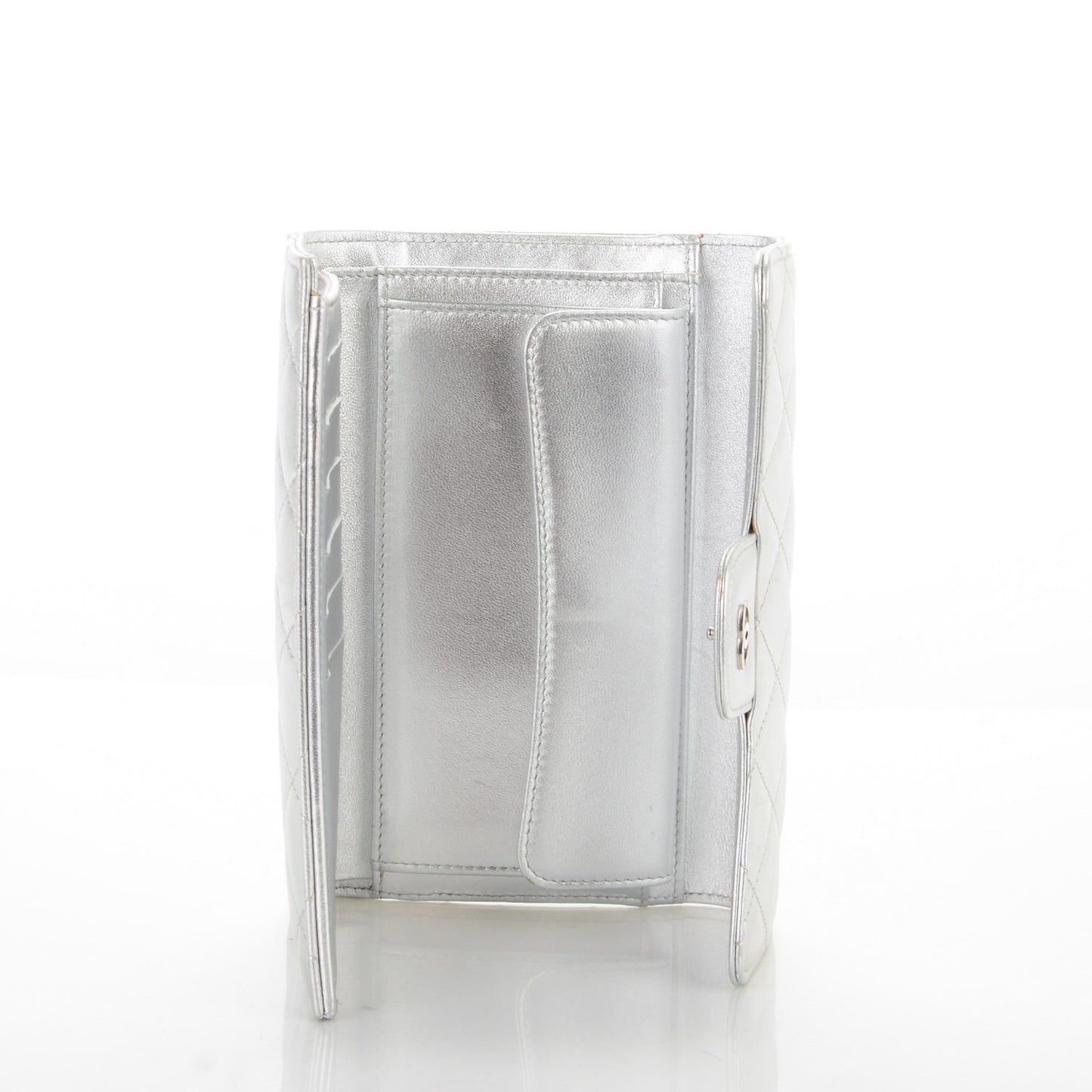 Metallic Lambskin Quilted Large Flap Wallet Silver
