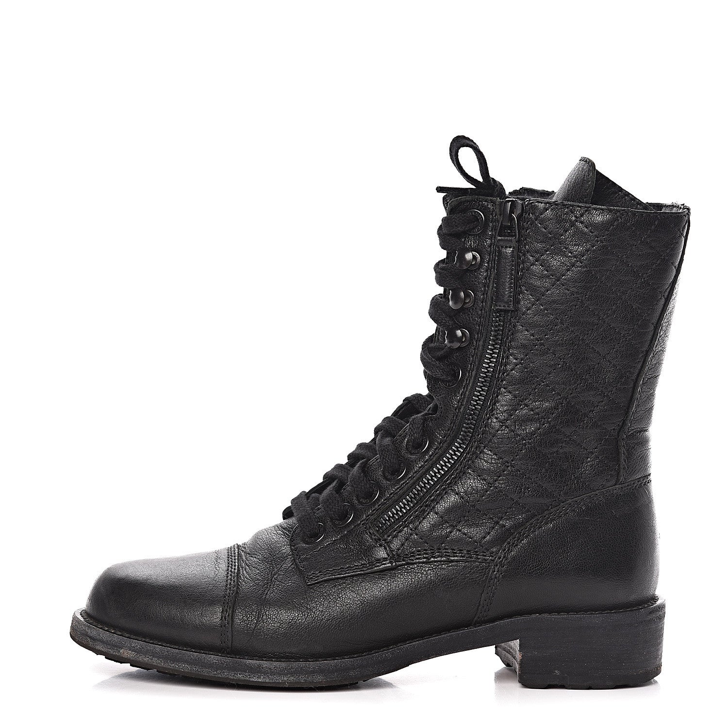 Chanel Sheepskin Quilted CC Tall Lace Up Combat Boots 40 Black 1 of 9
