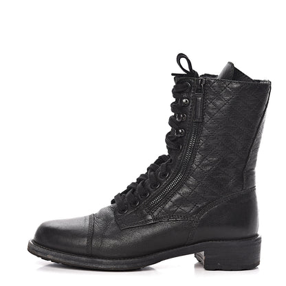 Chanel Sheepskin Quilted CC Tall Lace Up Combat Boots 40 Black 1 of 9