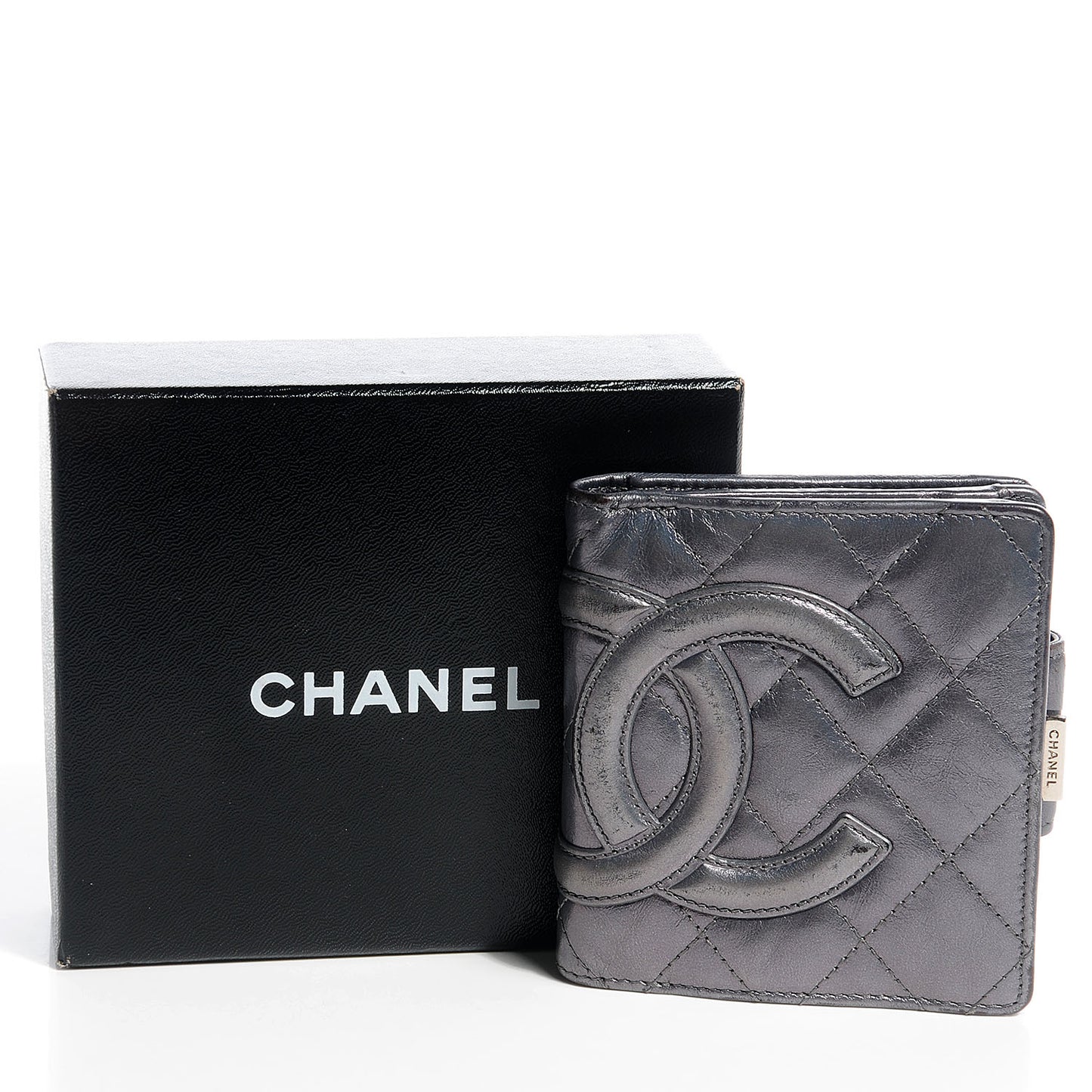 Metallic Calfskin Quilted Cambon Compact Wallet Dark Silver