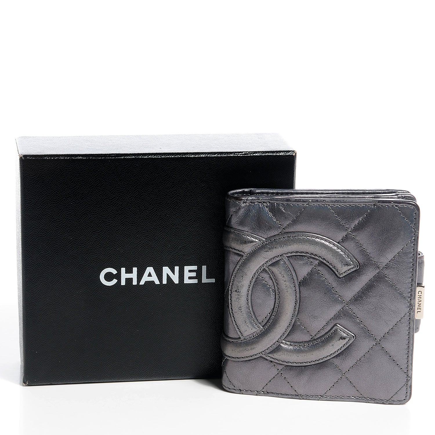 Chanel Metallic Calfskin Quilted Cambon Compact Wallet Dark Silver 10 of 10