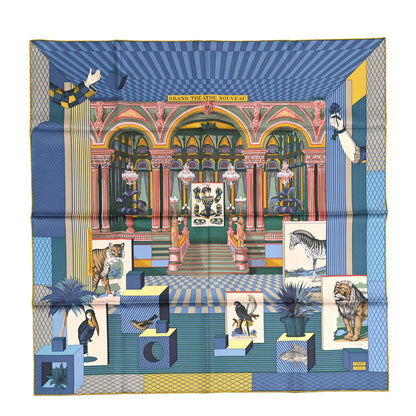 Hermes Silk Twill Grande Theatre Nouveau Scarf 90 Bleu Jean Vert Moutarde 1 of 6