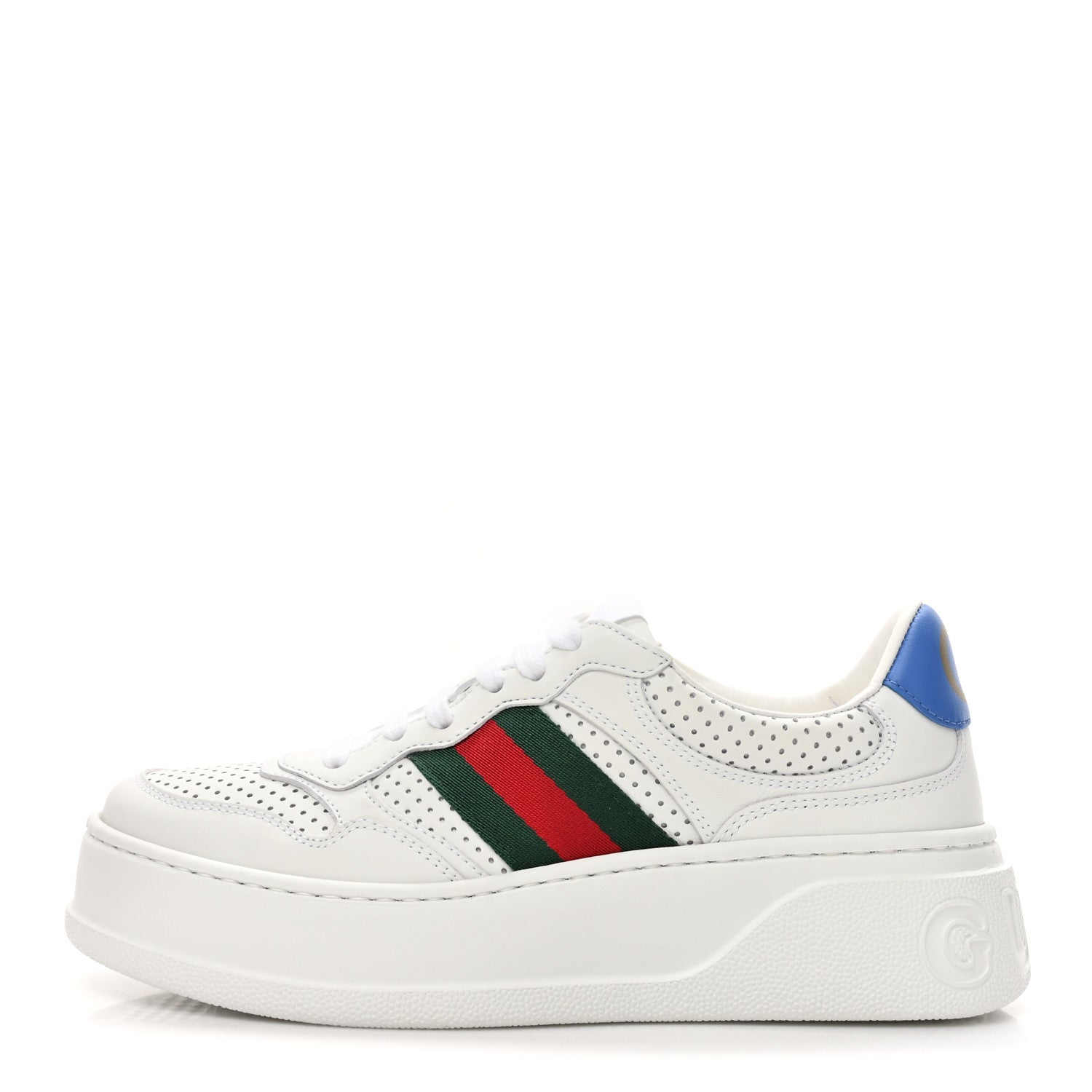 Gucci Calfskin Web Perforated Womens Platform 55mm Sneakers 37.5 White Bright Splash 1 of 10