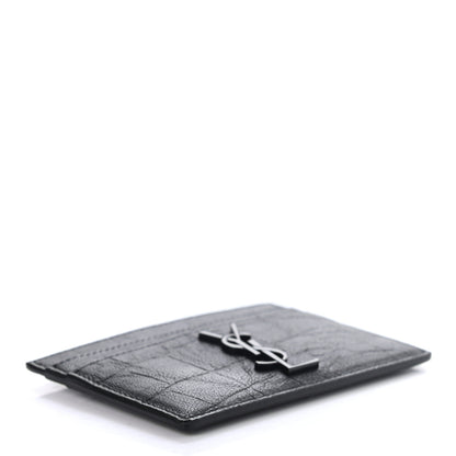 Saint Laurent Calfskin Crocodile Embossed Monogram Credit Card Case Black 4 of 7