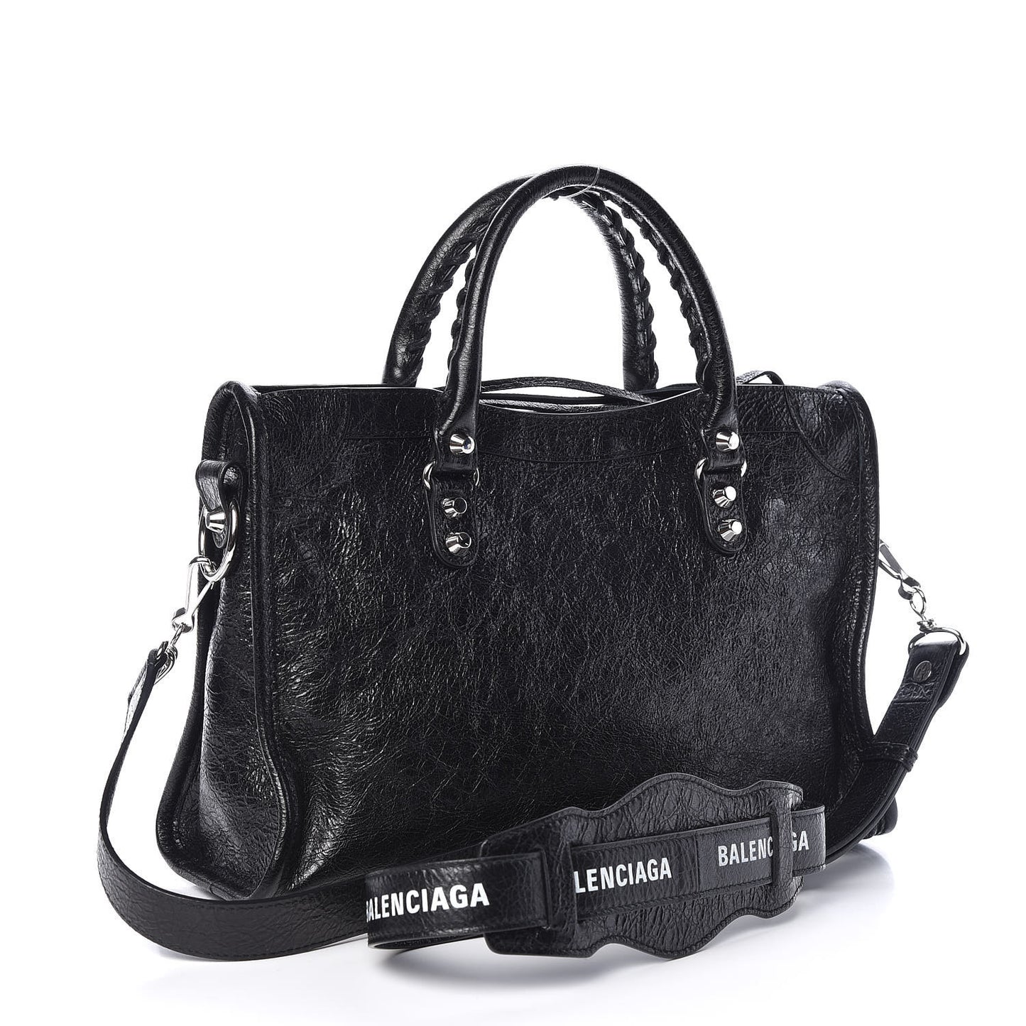 Agneau Classic Silver Hardware S City Logo Strap Black White