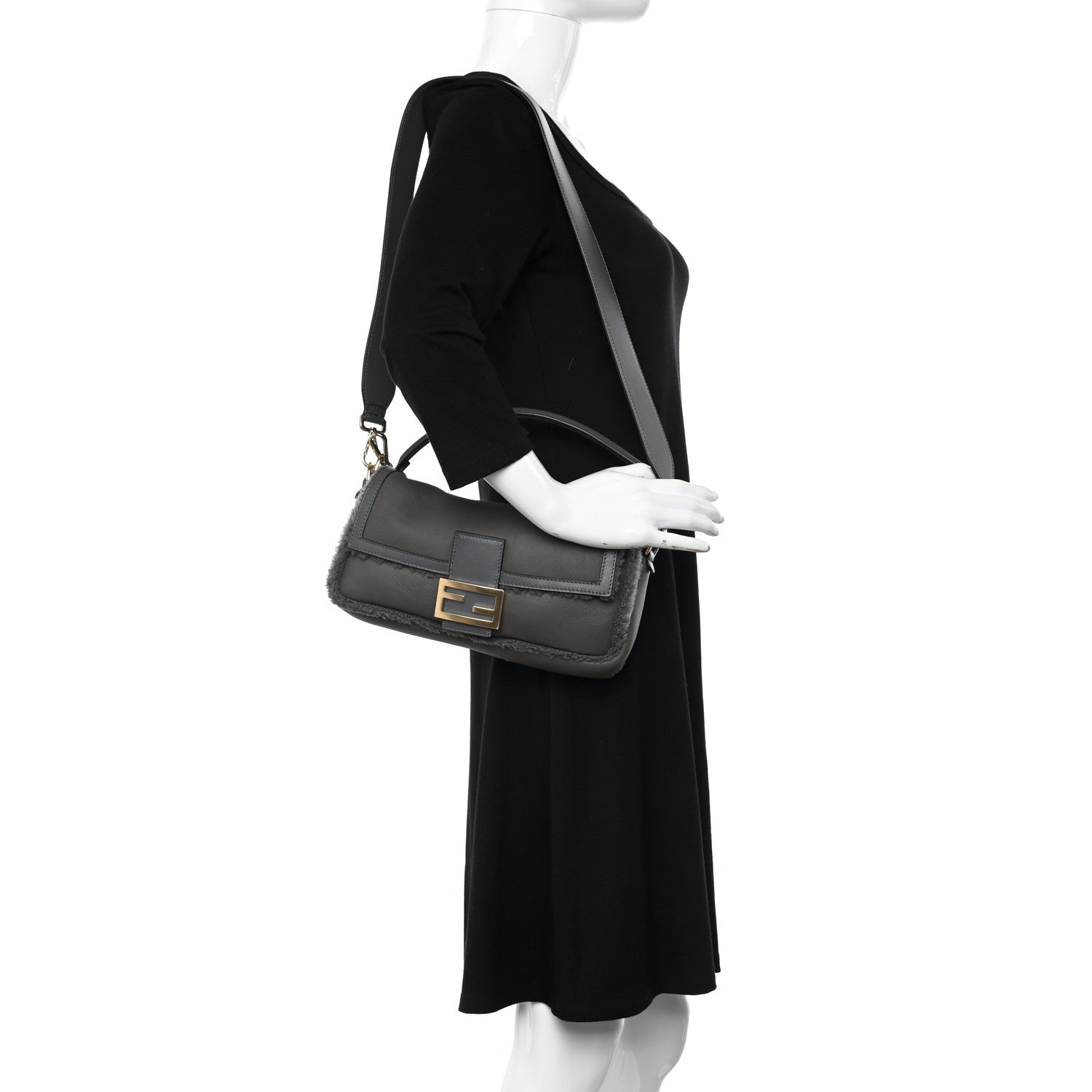Fendi Lambskin Shearling Baguette Anthracite 2 of 9