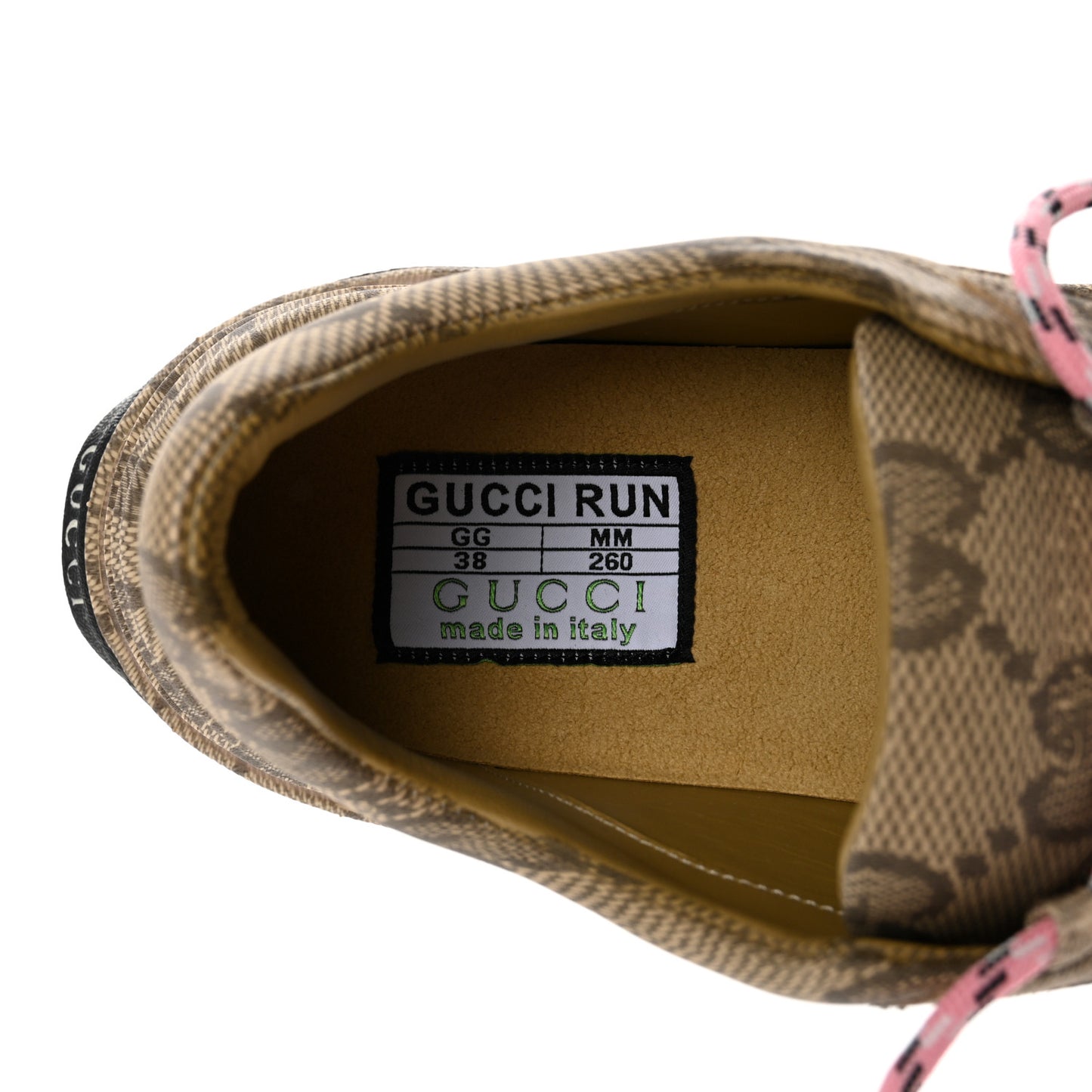 Ultralight Plume Calfskin Monogram Printed Womens Gucci Run Sneakers 38 Beige Ebony