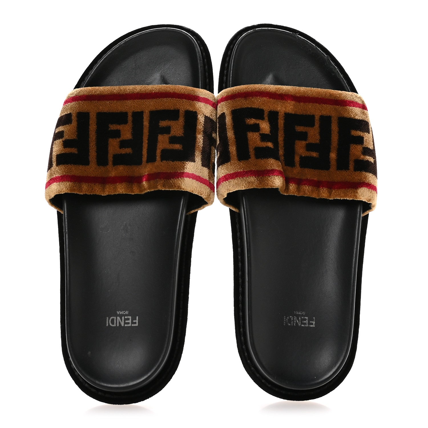 Fendi Velvet FF Flat Slide Sandals 38 Testa Di Moro Tobacco Fragola 2 of 8