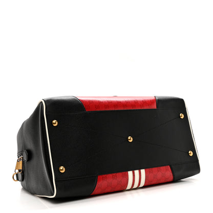 Gucci X ADIDAS Crystal Vintage Monogram Textured Dollar Calfskin Web Trefoil Logo Large Duffle Bag Hibiscus Red Off White Black 3 of 8