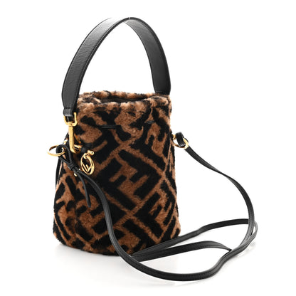 Fendi Shearling Vitello Dolce F is Fendi Macro FF 1974 Mini Mon Tresor Bucket Bag Tobacco Black 3 of 10