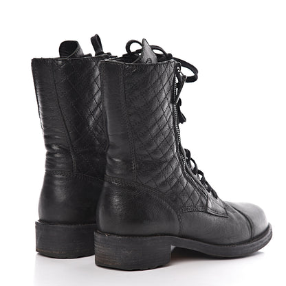 Chanel Sheepskin Quilted CC Tall Lace Up Combat Boots 40 Black 4 of 9