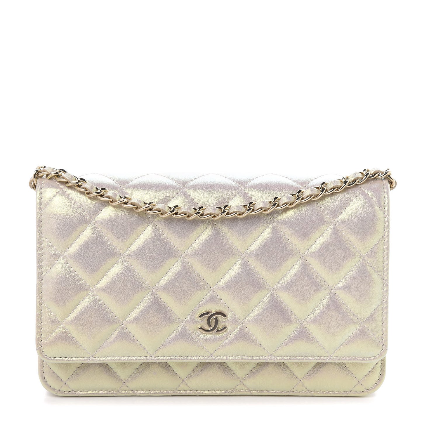 Iridescent Lambskin Quilted Wallet On Chain WOC Ivory