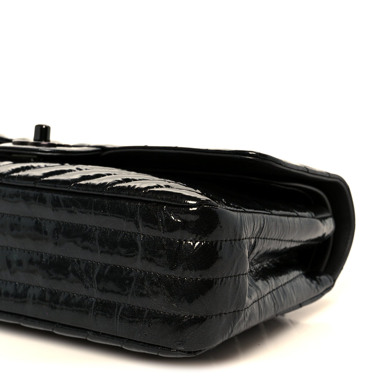 Metallic Patent Crumpled Calfskin Chevron Quilted Medium Double Flap So Black