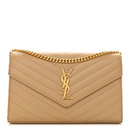 Saint Laurent Grain De Poudre Matelasse Chevron Monogram Chain Wallet Dark Beige 1 of 19