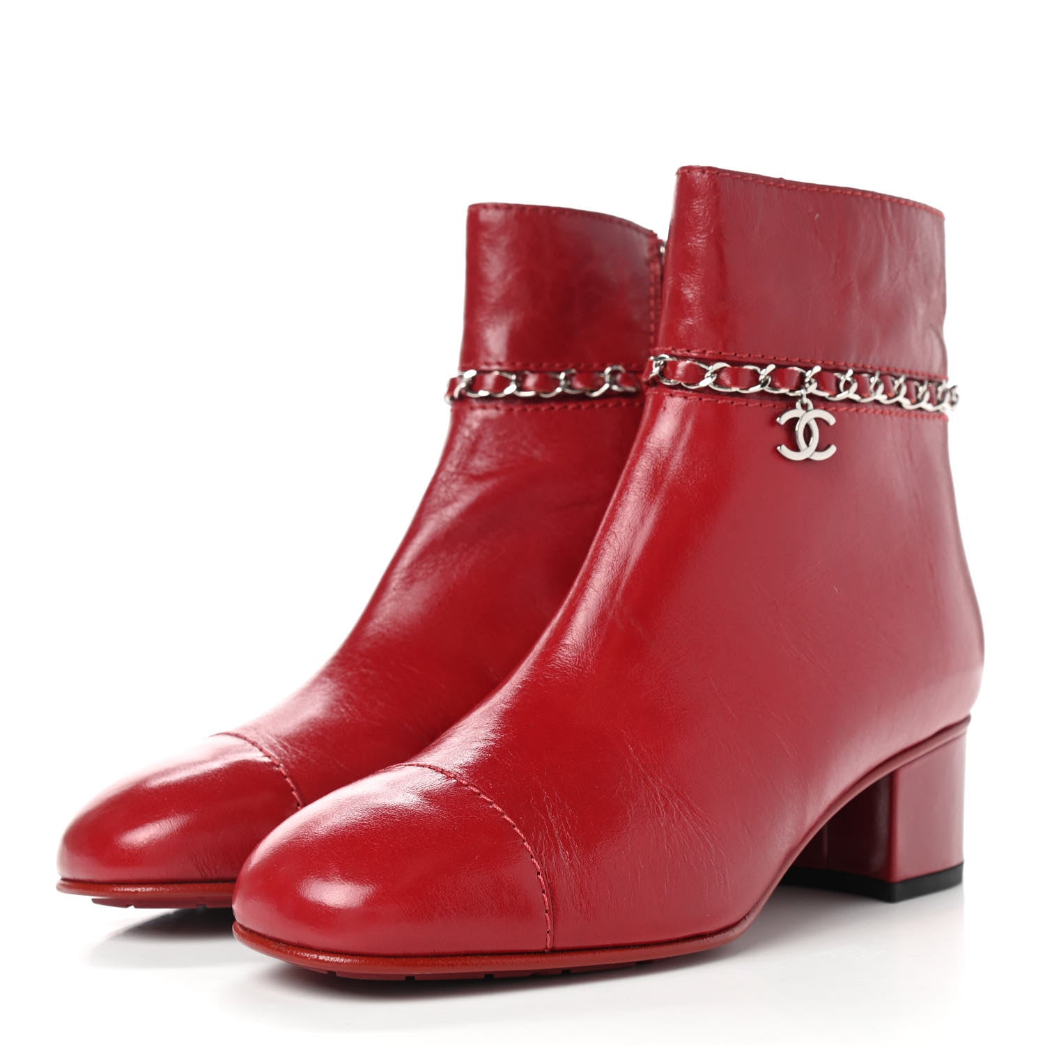 Chanel Crumpled Calfskin Cap Toe Chain Short Boots 36 Red 3 of 10
