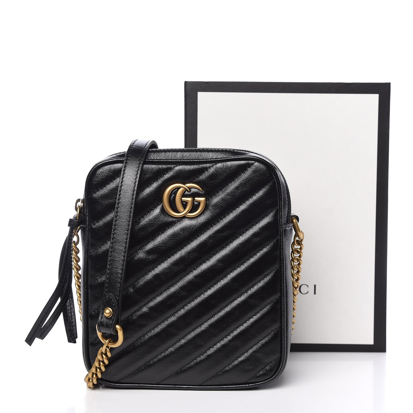 Azalea Calfskin Matelasse Diagonal Tall GG Marmont Crossbody Bag Black
