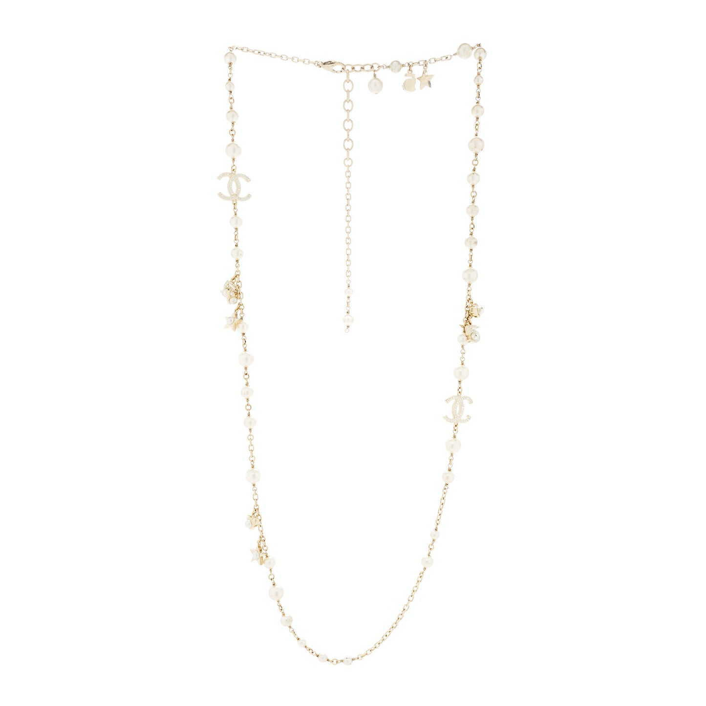 Crystal Pearl No 5 CC Long Necklace Gold