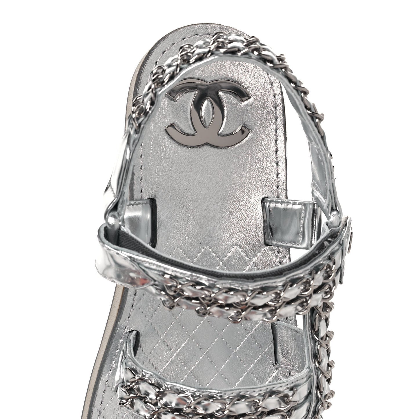 Metallic Laminated Goatskin Chain Flat Sandals 39 Silver