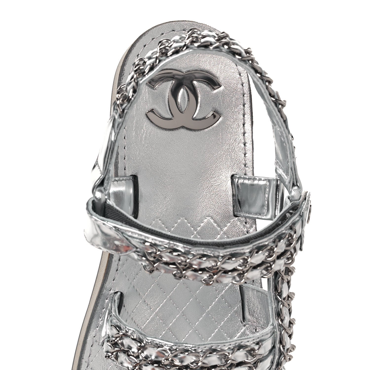 Chanel Metallic Laminated Goatskin Chain Flat Sandals 39 Silver 7 of 9