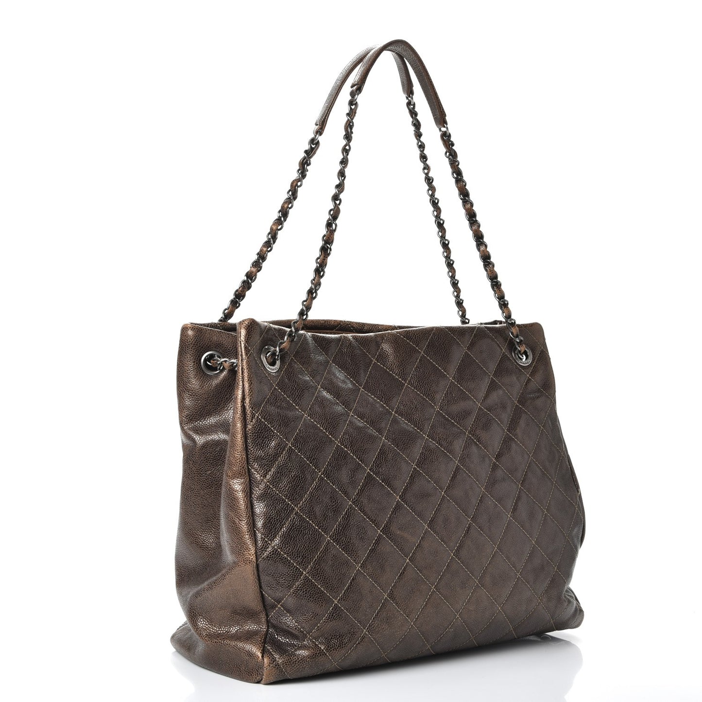 Iridescent Caviar Quilted Tall Chic Shopping Tote Dark Gold