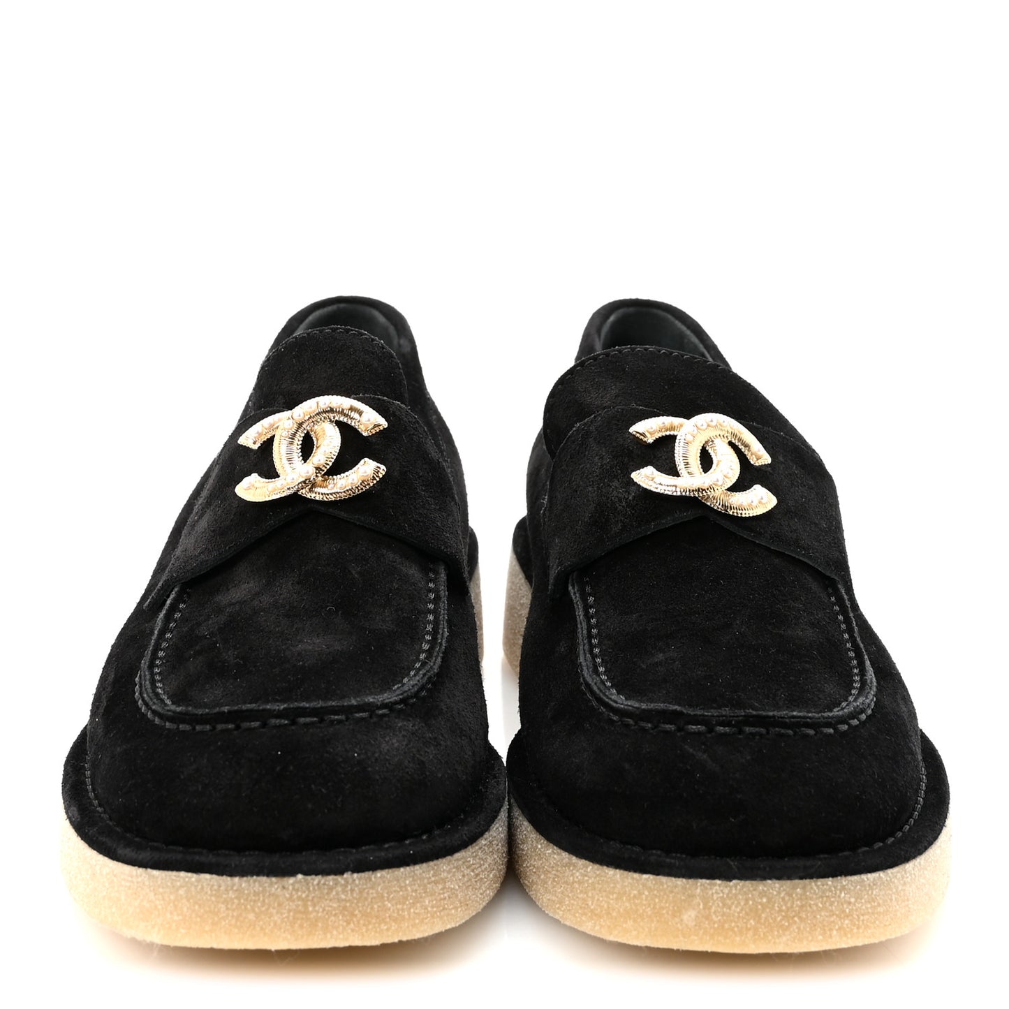 Suede Calfskin Pearl CC Moccasin Loafers 40 Black