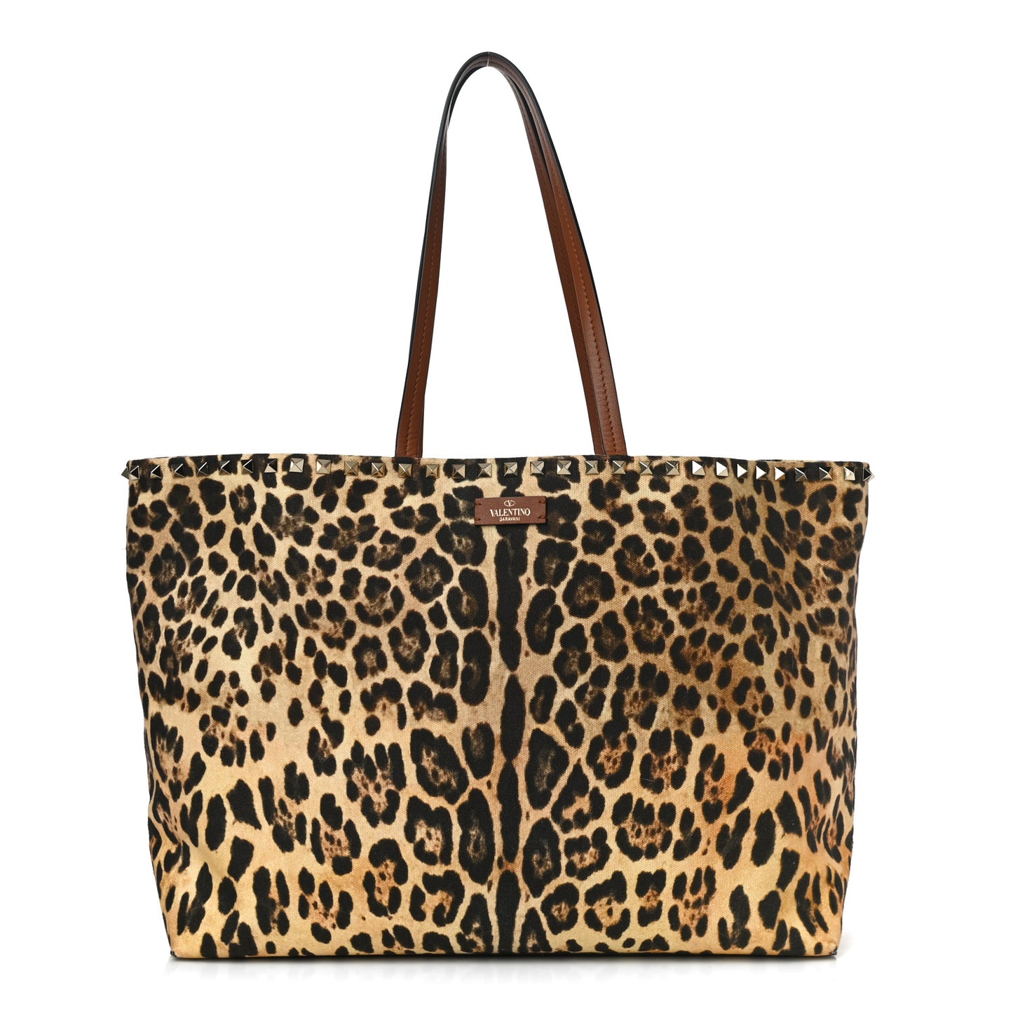 Canvas Nappa Leopard Print Rockstud Tote Brown