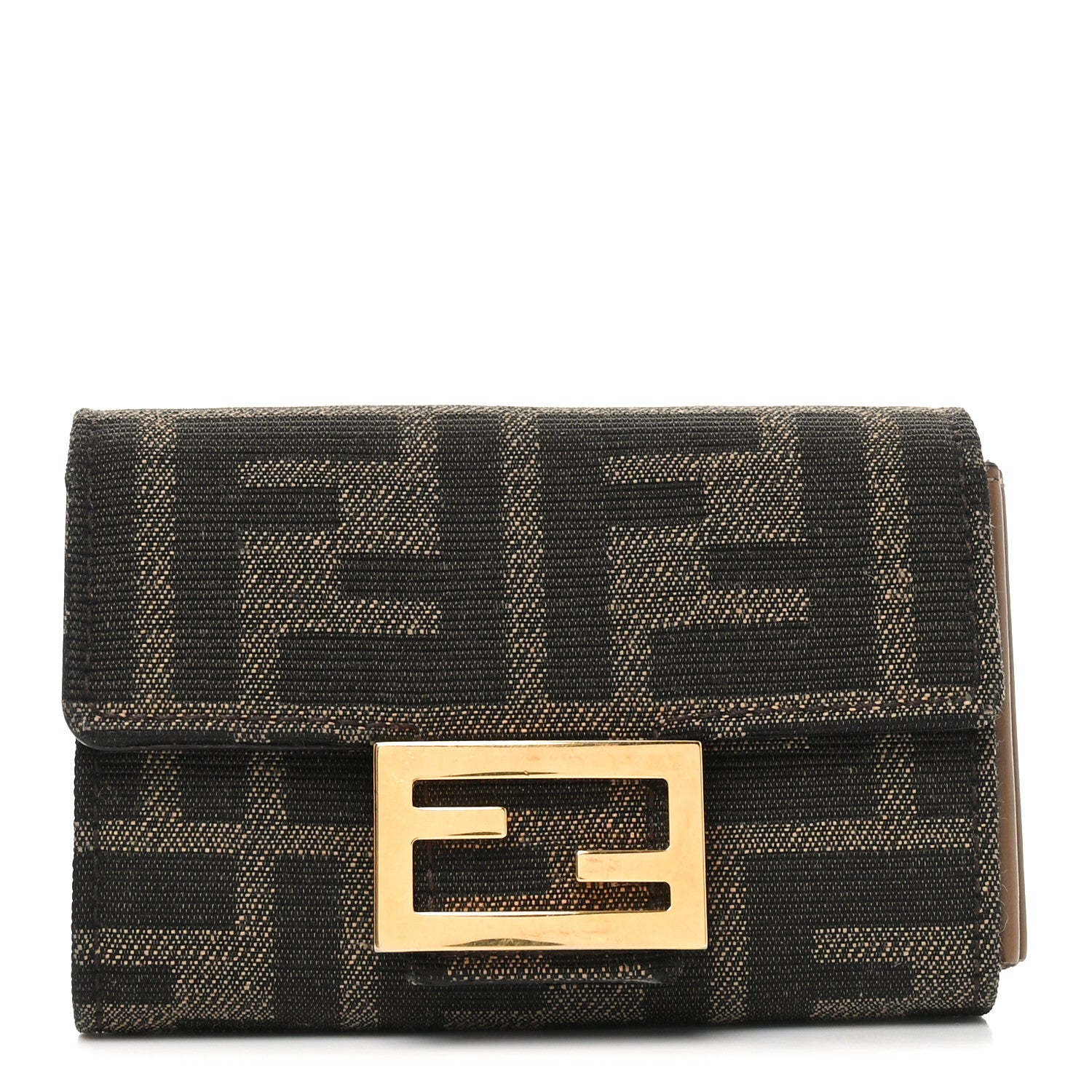 Fendi Fabric Jacquard FF 1974 Flap Card Holder Tobacco Moro 1 of 8