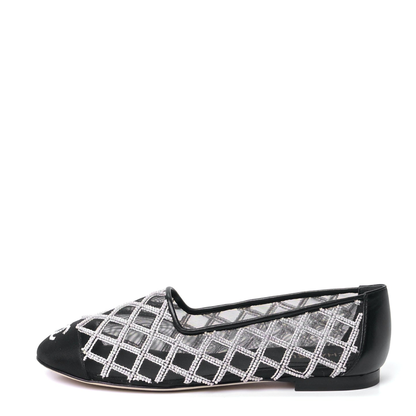 Mesh Pearl Grosgrain Cap Toe CC Loafers 36.5 Black Ivory