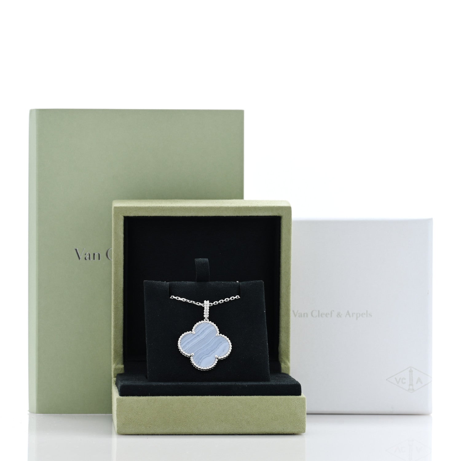 Van Cleef & Arpels 18K White Gold Chalcedony Magic Alhambra Pendant Long Necklace 5 of 5