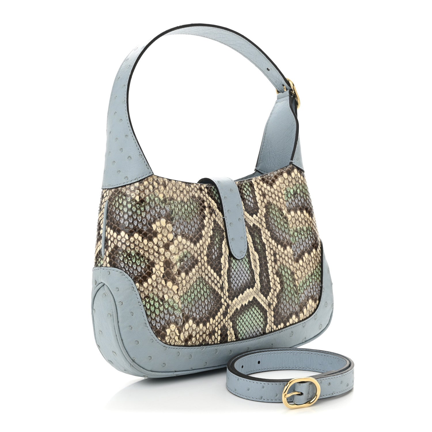 Gucci Snakeskin Ostrich Calfskin Small Jackie 1961 Hobo Blue Multicolor 3 of 11