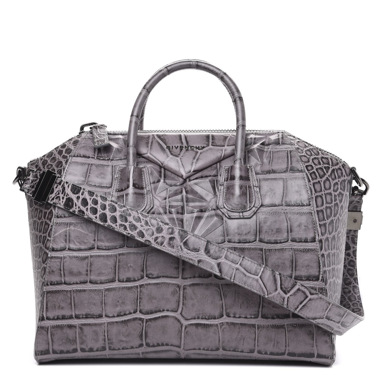 Calfskin Crocodile Embossed 3D Stud Medium Antigona Storm Grey