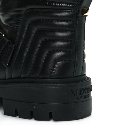 Valentino Garavani Calfskin Nylon Quilted Waterproof Rockstud 40mm Biker Boots 39 Black 8 of 9