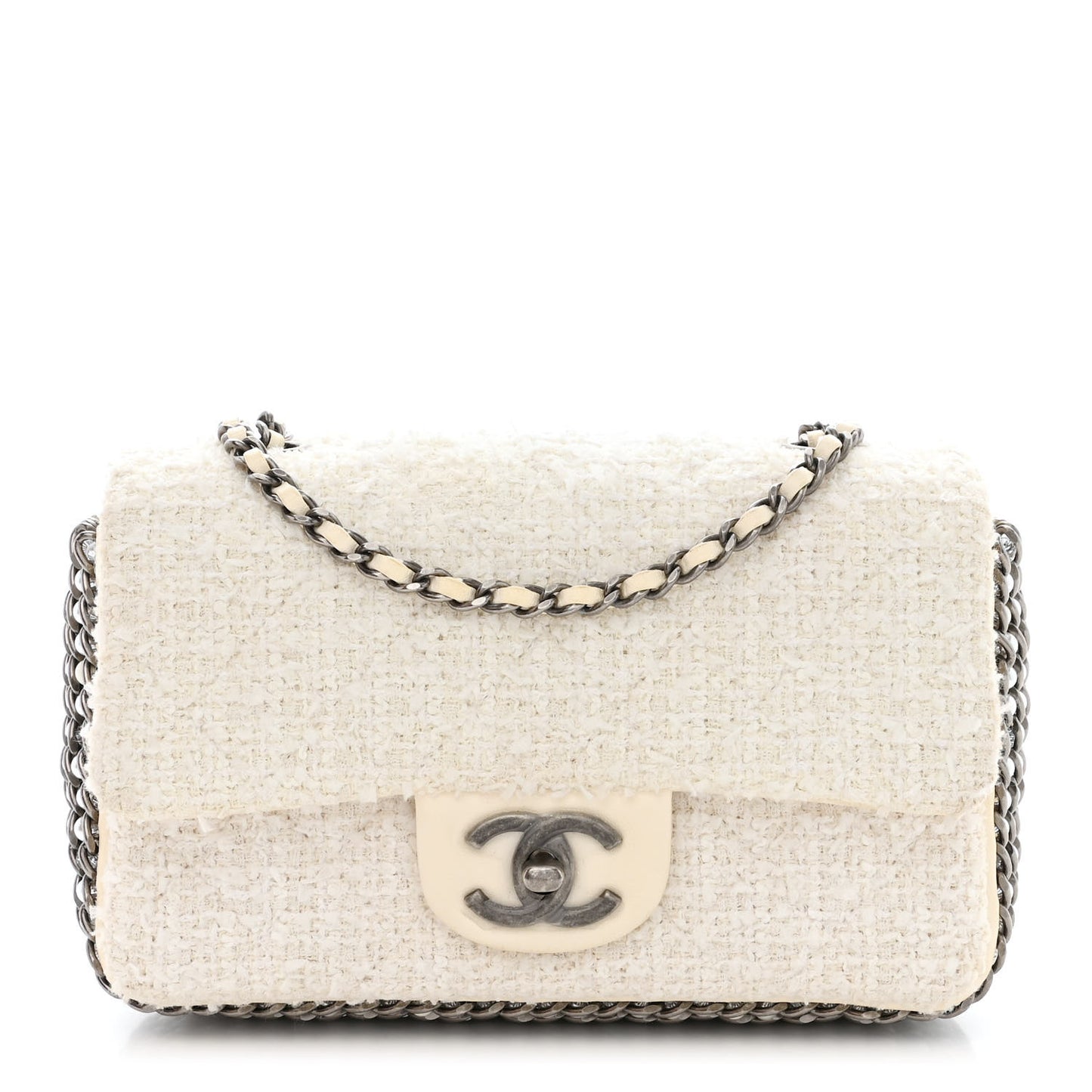 Tweed Quilted Mini Side Pearl Flap Bag Ecru White