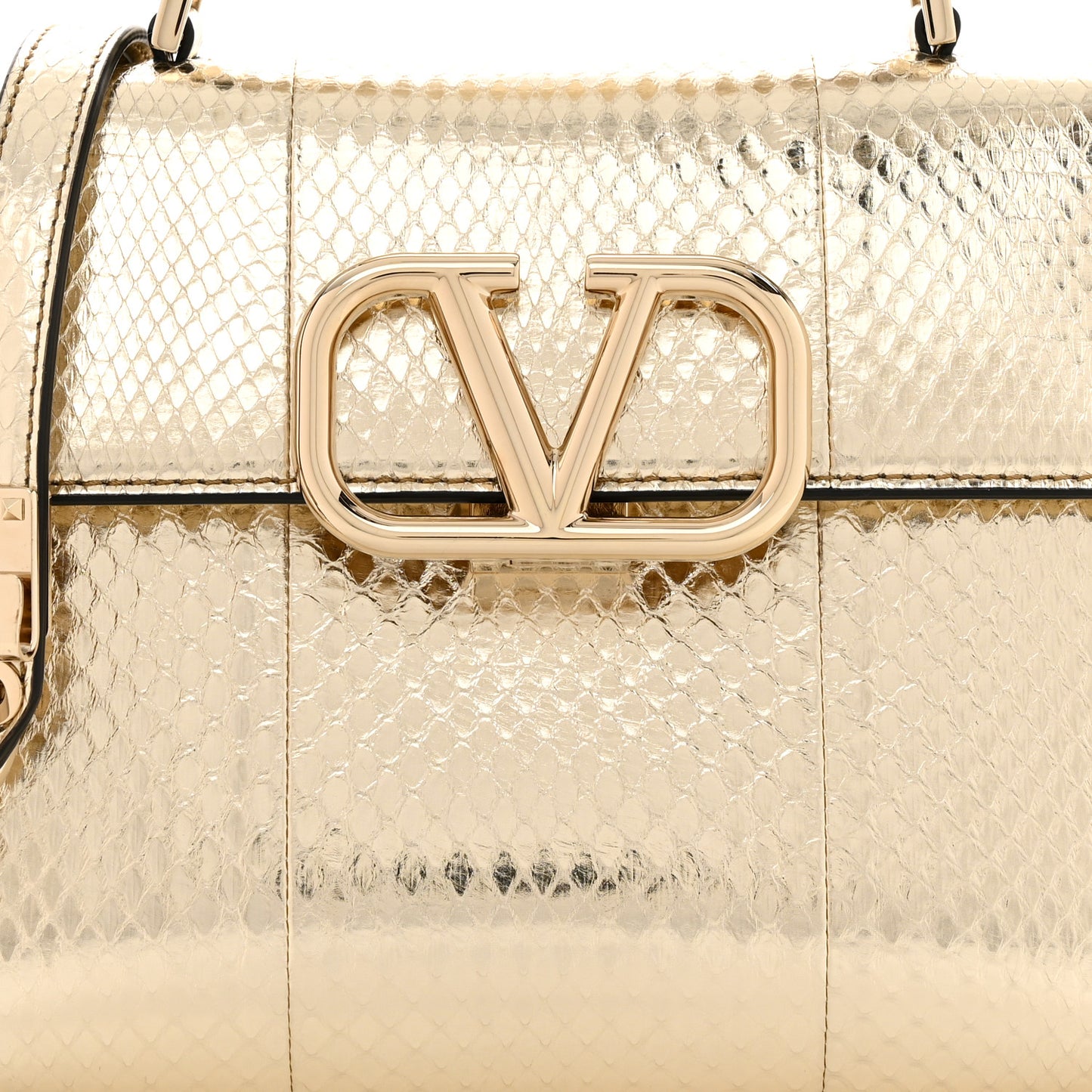 Metallic Calfskin Snake Embossed Mini VSling Top Handle Bag Gold