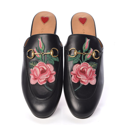 Gucci Calfskin Flower Embroidered Princetown Slippers 38.5 Black 5 of 9