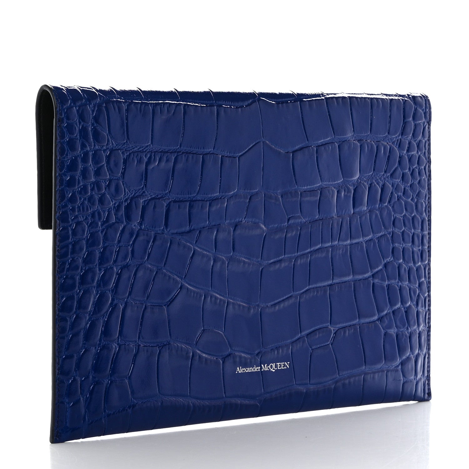 Alexander McQueen Calfskin Crocodile Embossed Skull Envelope Clutch Blue 3 of 7