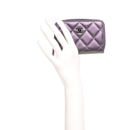 Chanel Metallic Lambskin Quilted Zip Around Coin Purse Wallet Purple 2 of 8