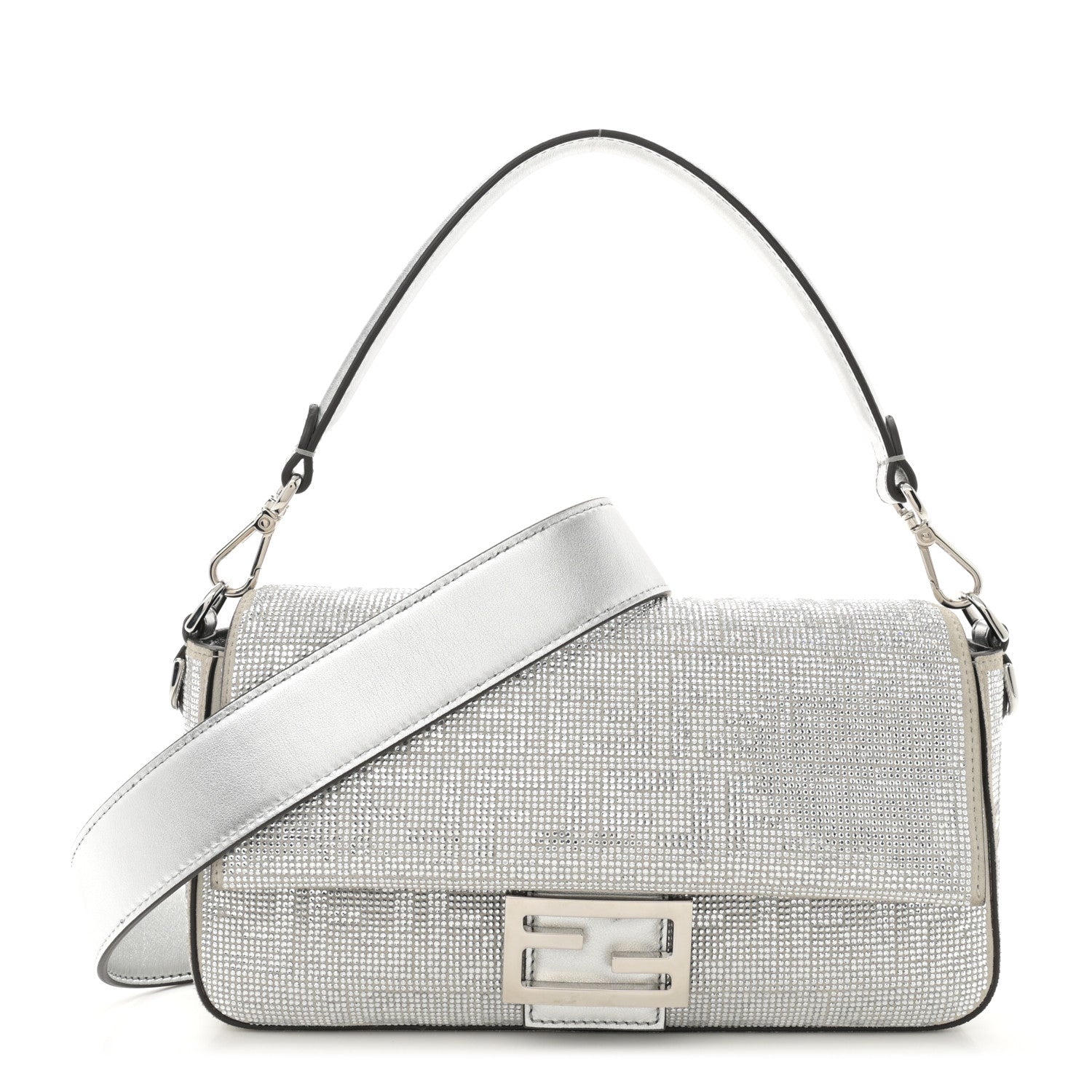 Fendi Crystal Vitello Laminato FF Medium Baguette Crystal Argento 1 of 12