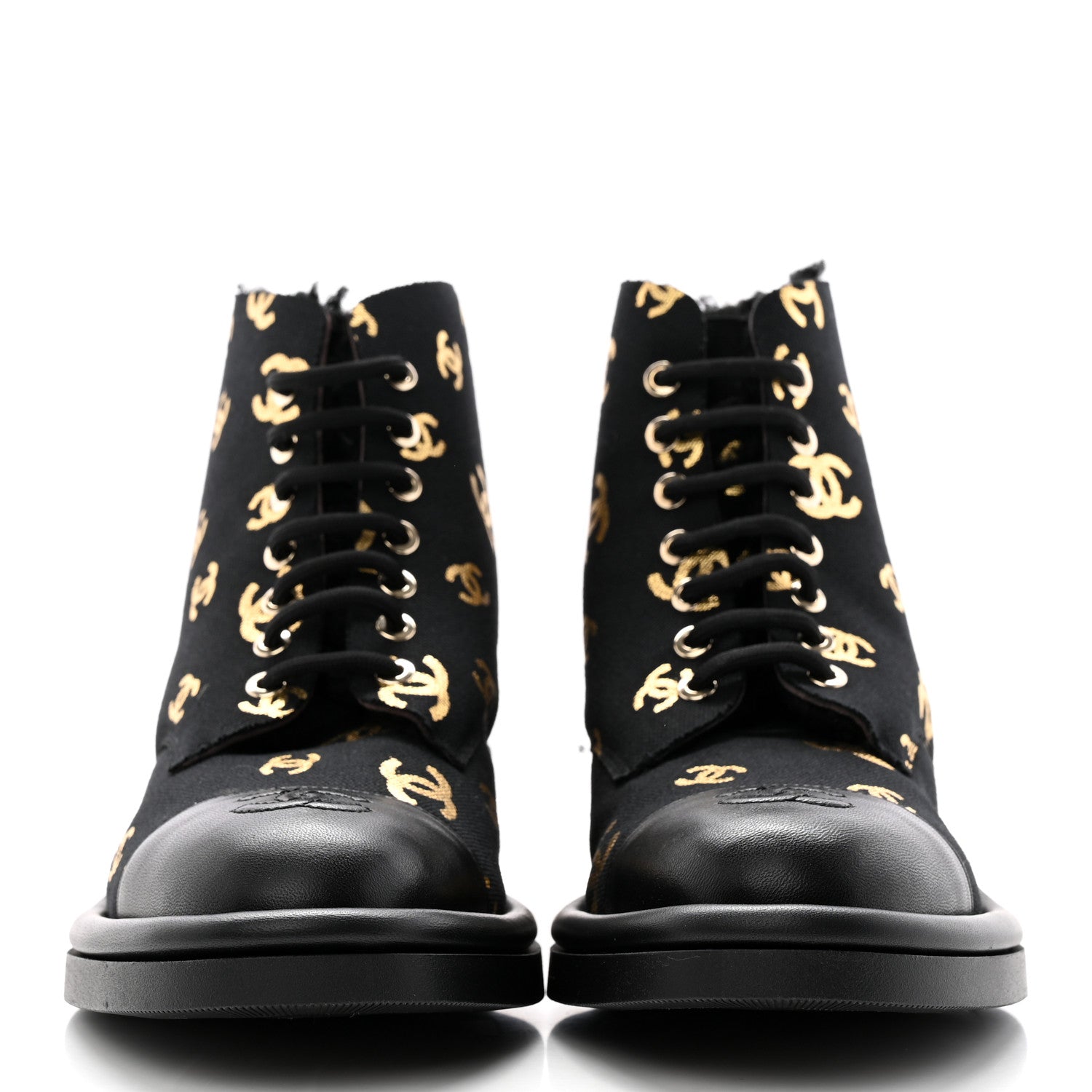 Chanel Lambskin Shearling Canvas CC Lace Up Boots 39 Black Gold 2 of 17