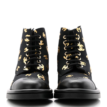 Chanel Lambskin Shearling Canvas CC Lace Up Boots 39 Black Gold 2 of 17