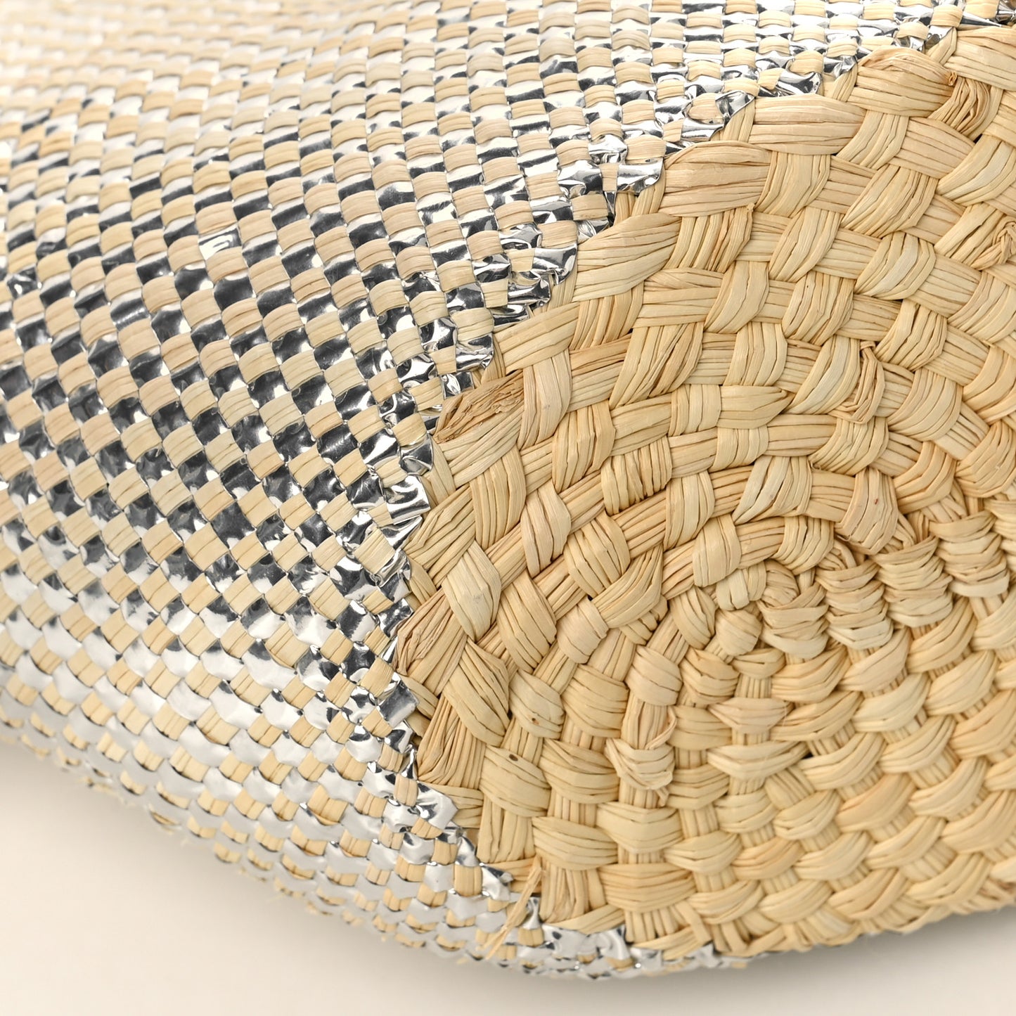 Calfskin Raffia Paulas Ibiza Sparkling Metallic Anagram Basket Tote Bag Natural Silver