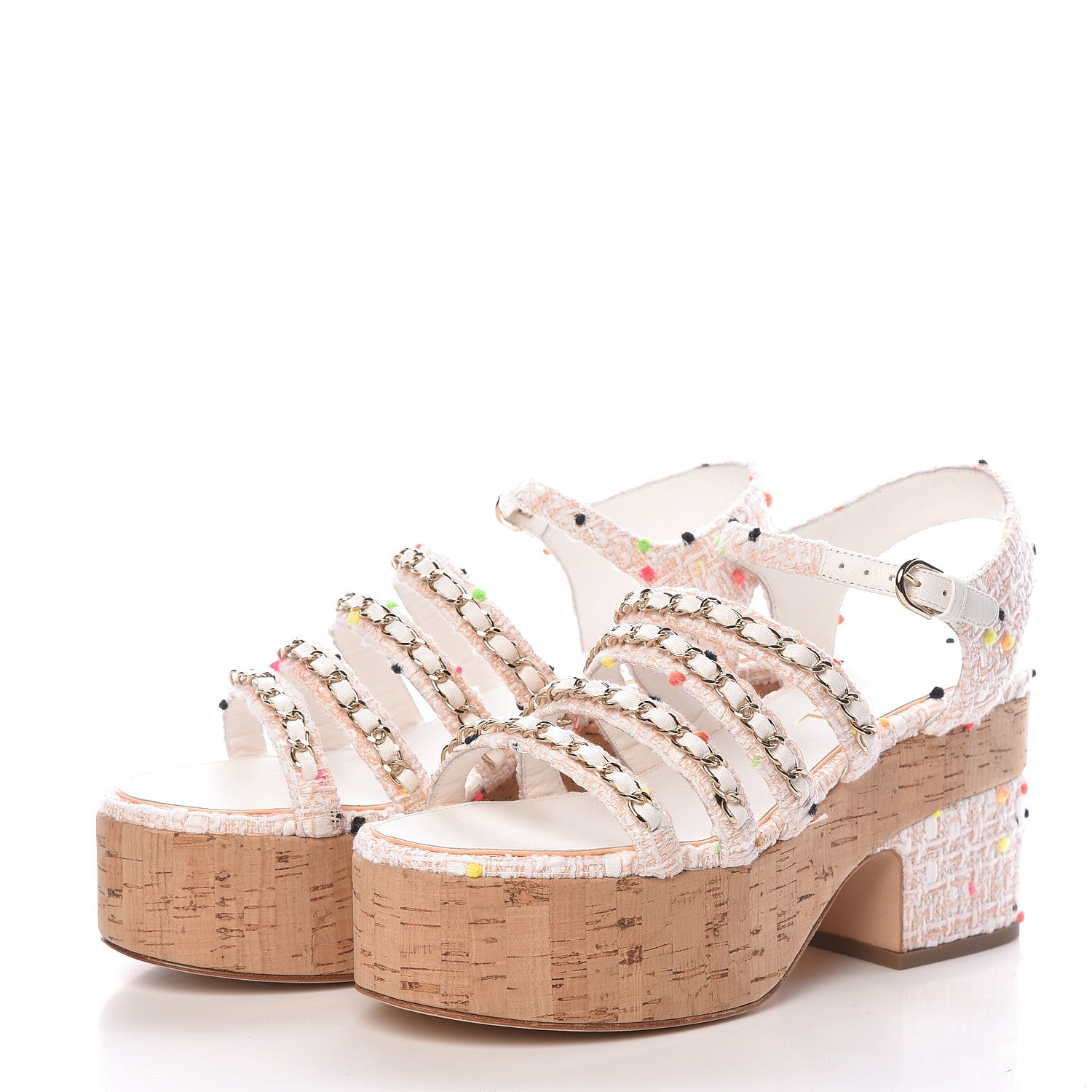 Chanel Tweed Chain Platform Sandals 39 Coral White 3 of 8