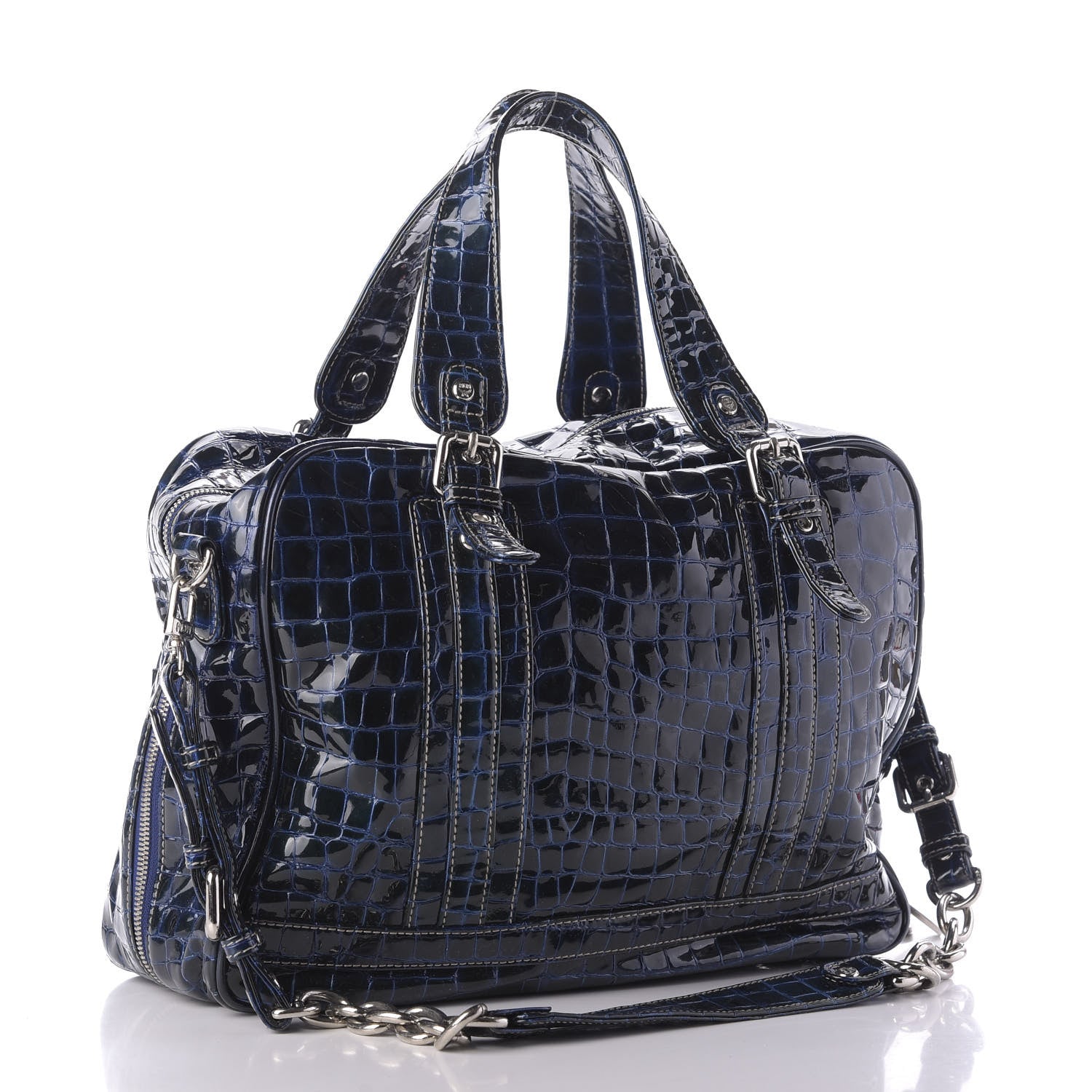 MCM Crocodile Embossed Patent Calfskin Double Pocket Tote Blue 4 of 11