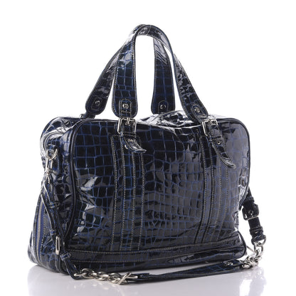 MCM Crocodile Embossed Patent Calfskin Double Pocket Tote Blue 4 of 11