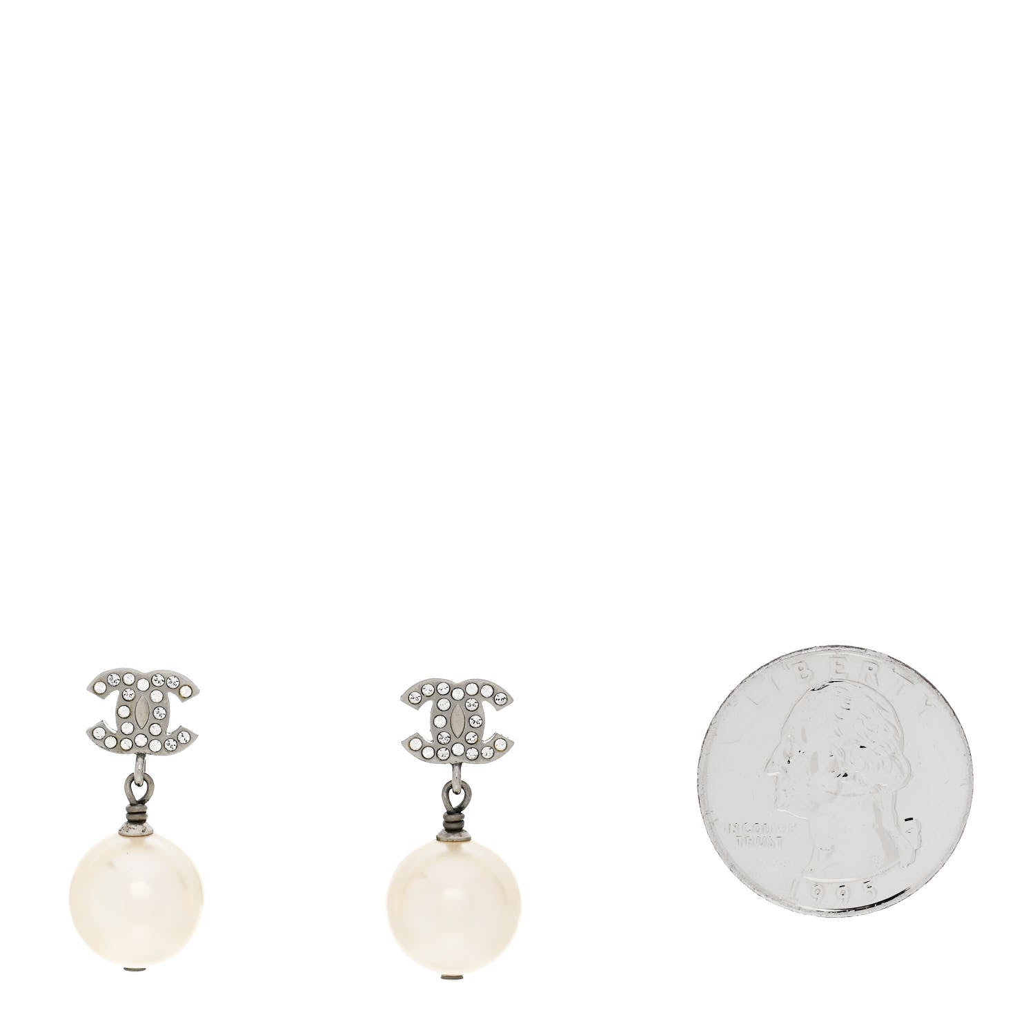 Chanel Crystal Pearl CC Drop Earrings Silver Pearly White 2 of 5